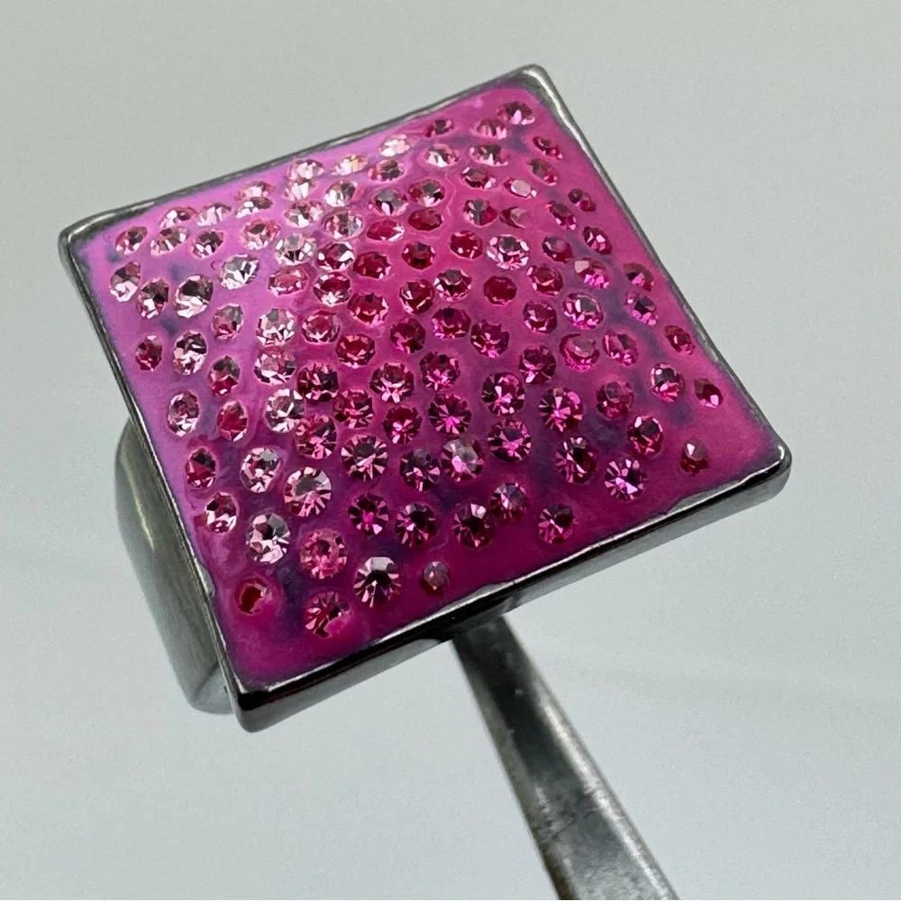 Pink Crystal Ombre Statement Ring Dark Gunmetal Tone Bold Square Ring
